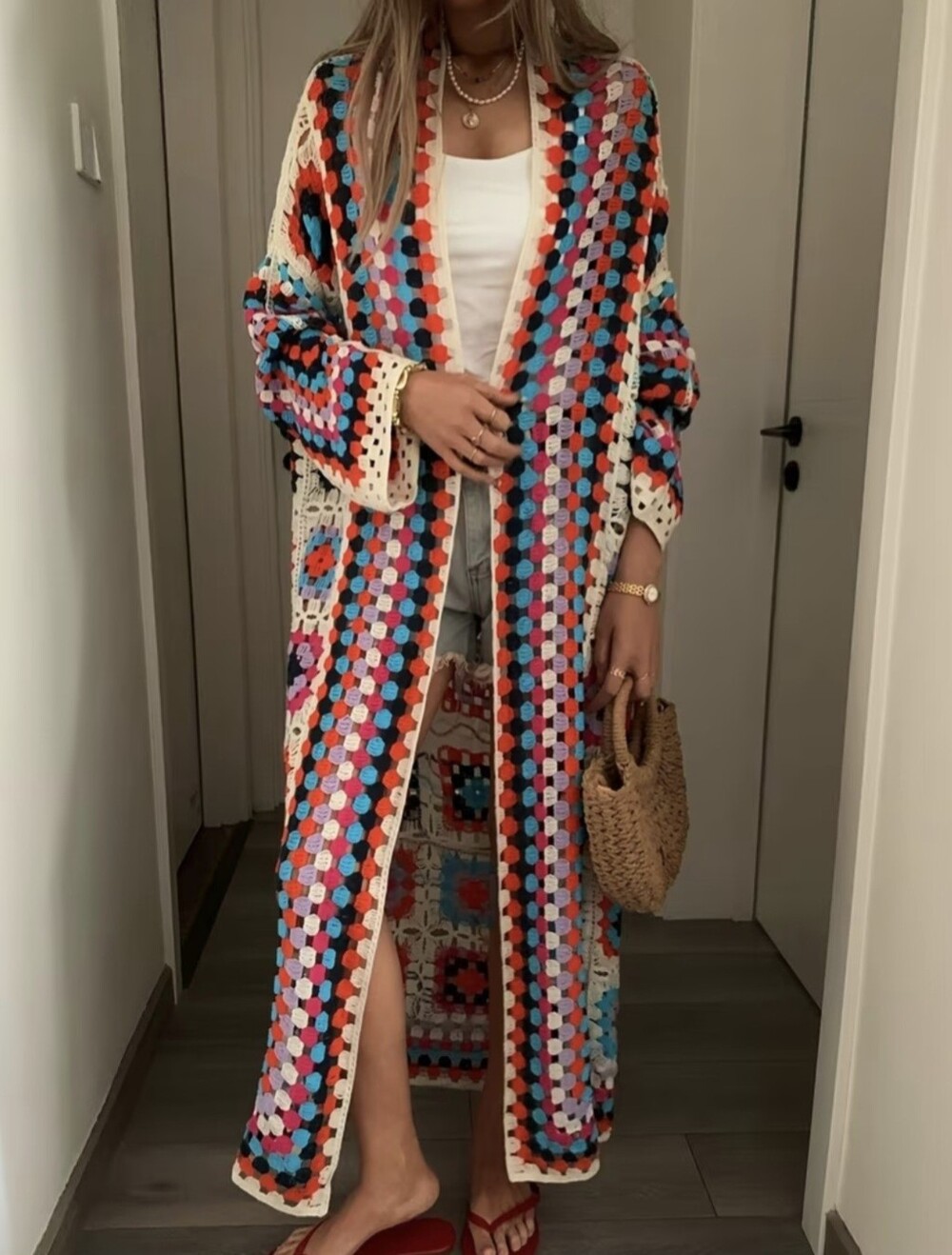 Women's Vacation-style Long Open-work Coat, Bohemian Color-block Long Cover-up,